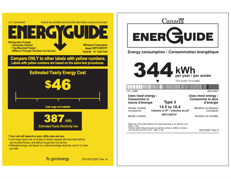 Page 1 de la notice Label énergétique Whirlpool WRT316SFDM