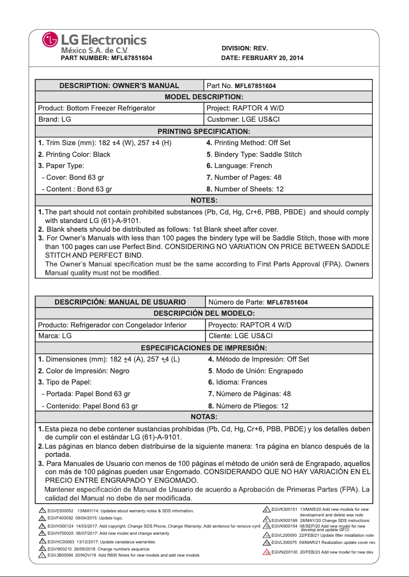 Page 1 de la notice Manuel utilisateur LG LRFWS2200S