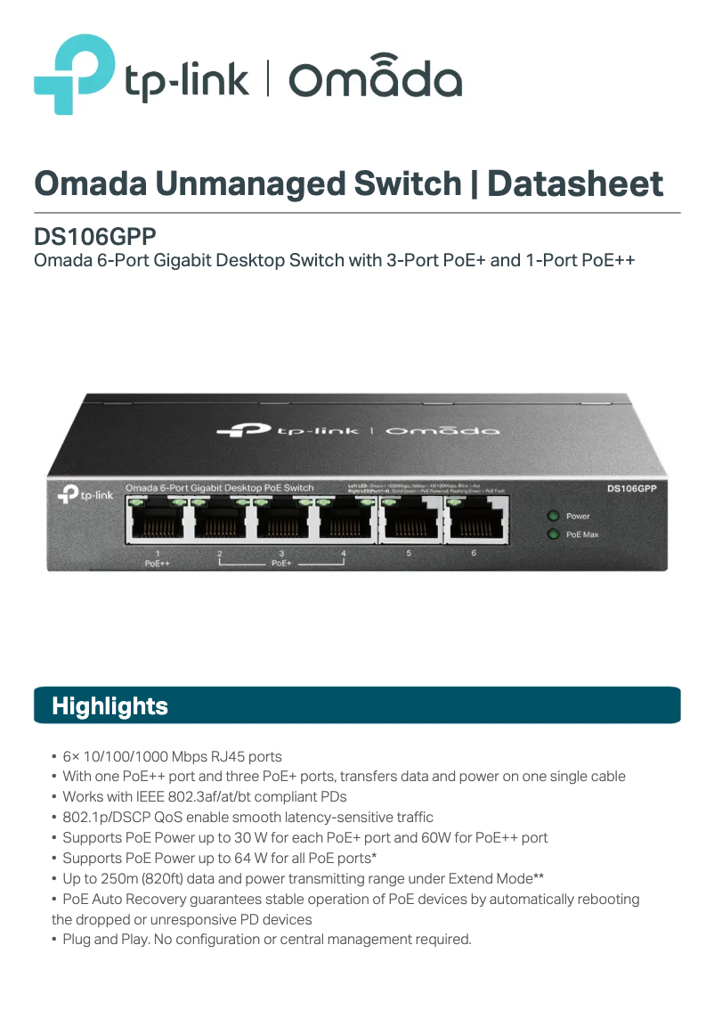 Page n°1 - Fiche technique TP-Link Omada DS106GPP
