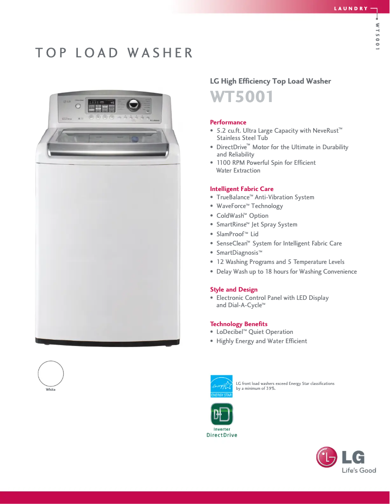 Page 1 de la notice Fiche technique LG WT5001CW