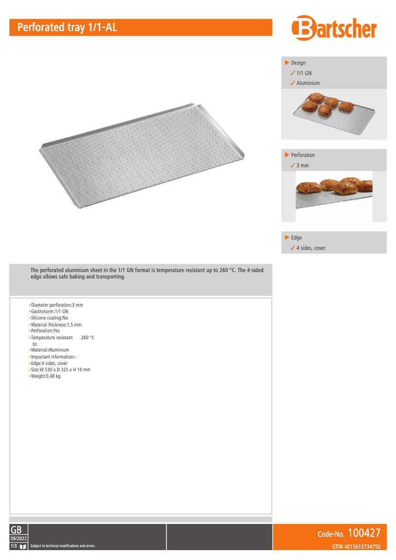 Page 1 de la notice Fiche technique Bartscher 100427