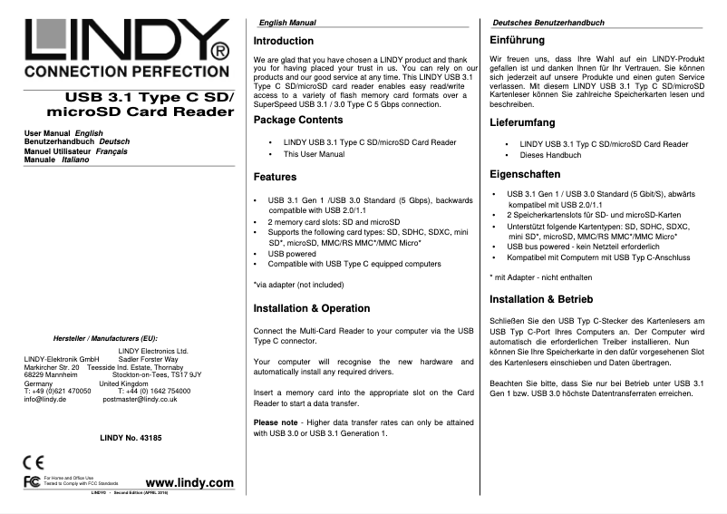 Page 1 de la notice Manuel utilisateur Lindy 43185