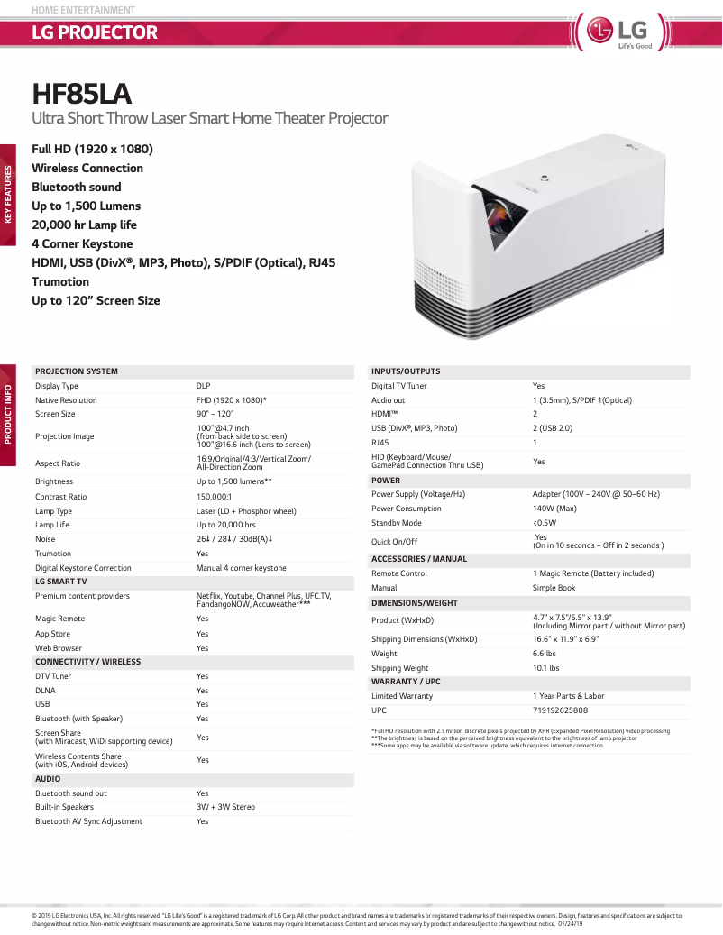 Página 1 del manual Ficha técnica LG HF85LA