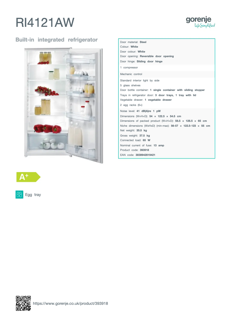 Page n°1 - Fiche technique Gorenje RI4121AW