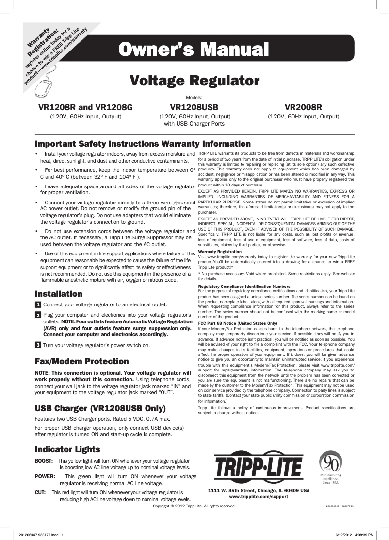 Page n°1 - Manuel utilisateur Tripp Lite VR1208R