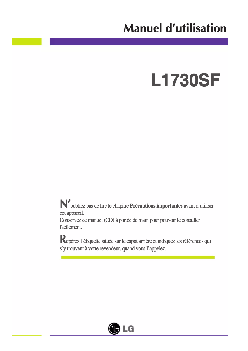 Page 1 de la notice Manuel utilisateur LG L1730SF-BV