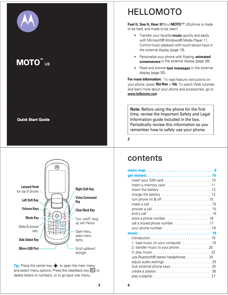 Página 1 del manual Guía de inicio rápido Motorola Moto U9