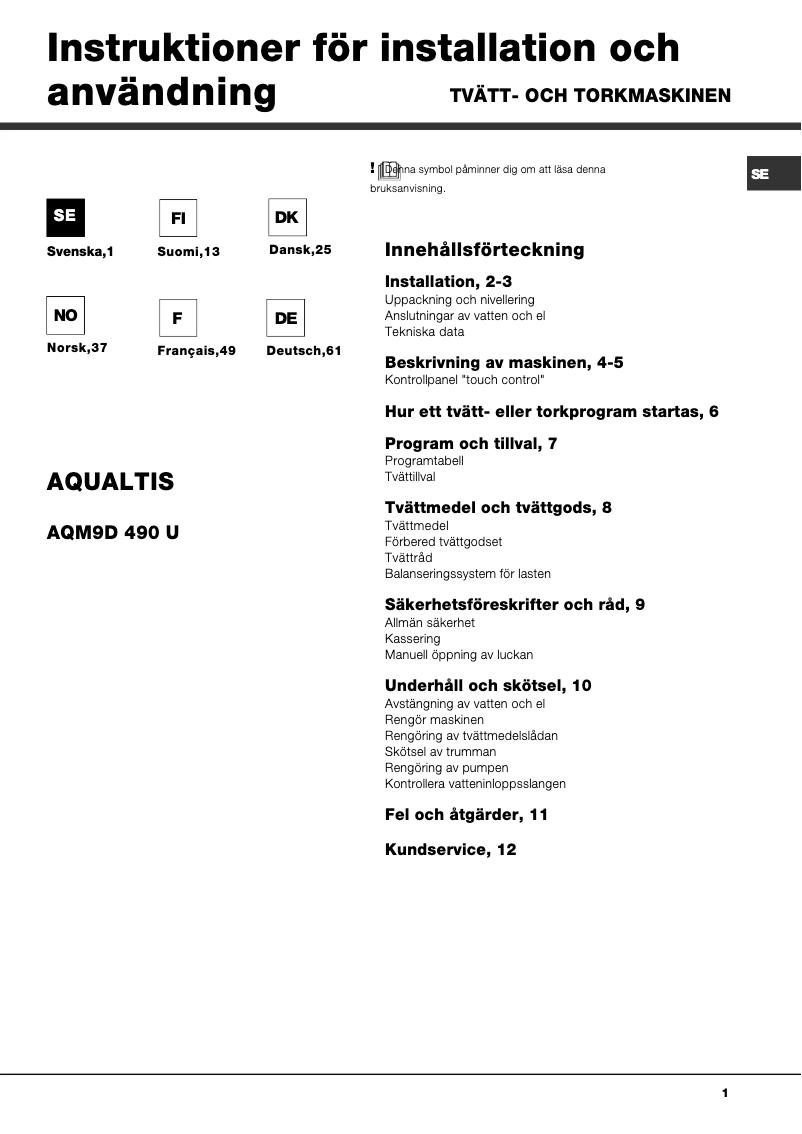 Página 1 del manual Manual de usuario Hotpoint AQM9D 490 U Aqualtis