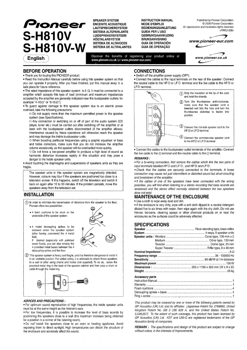 Page n°1 - Manuel utilisateur Pioneer S-H810V