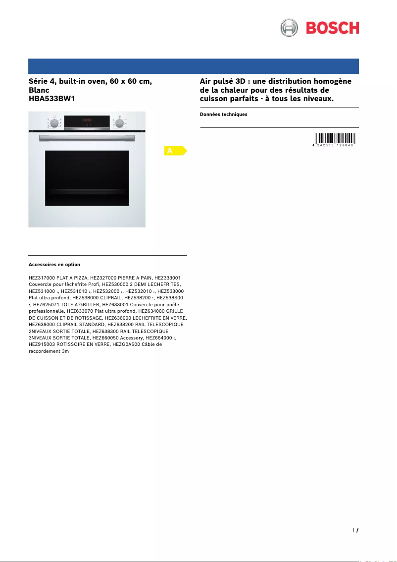 Page 1 de la notice Fiche technique Bosch HBA533BW1