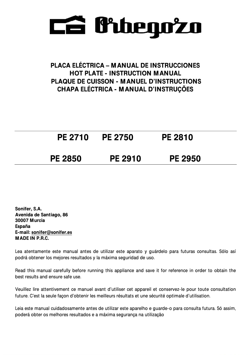 Page 1 de la notice Manuel utilisateur Orbegozo PE 2710