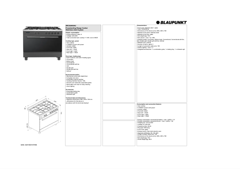Page n°1 - Fiche technique Blaupunkt 5RC92490AU