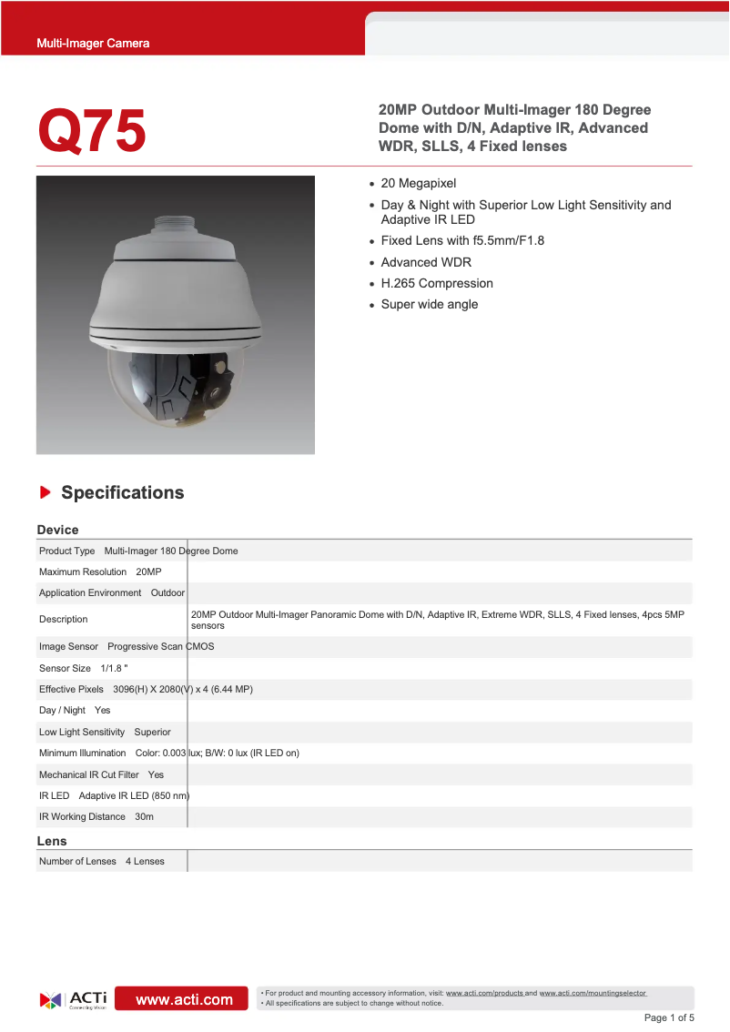 Page 1 de la notice Fiche technique ACTi Q75