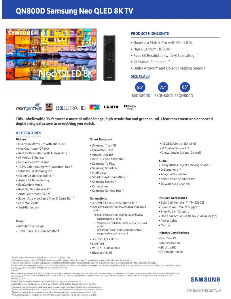 Page 1 de la notice Fiche technique Samsung QN75QN800DF