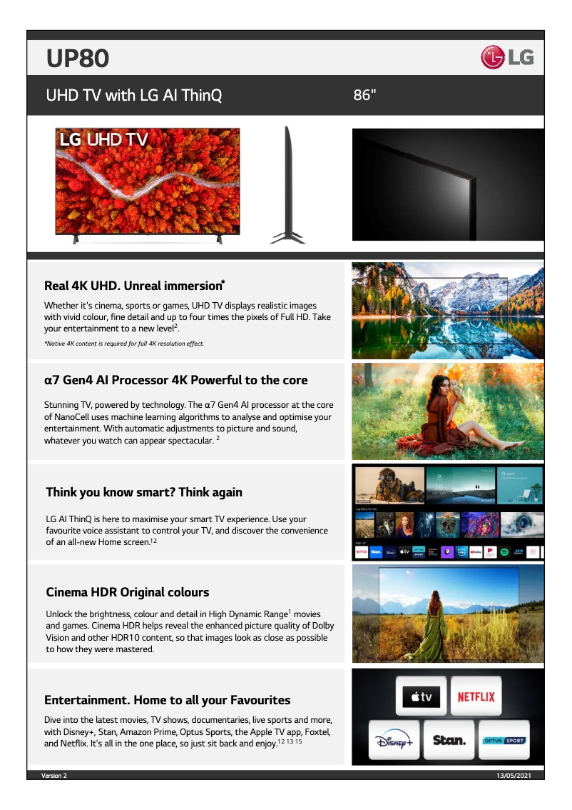 Page 1 de la notice Fiche technique LG 86UP8000PTB