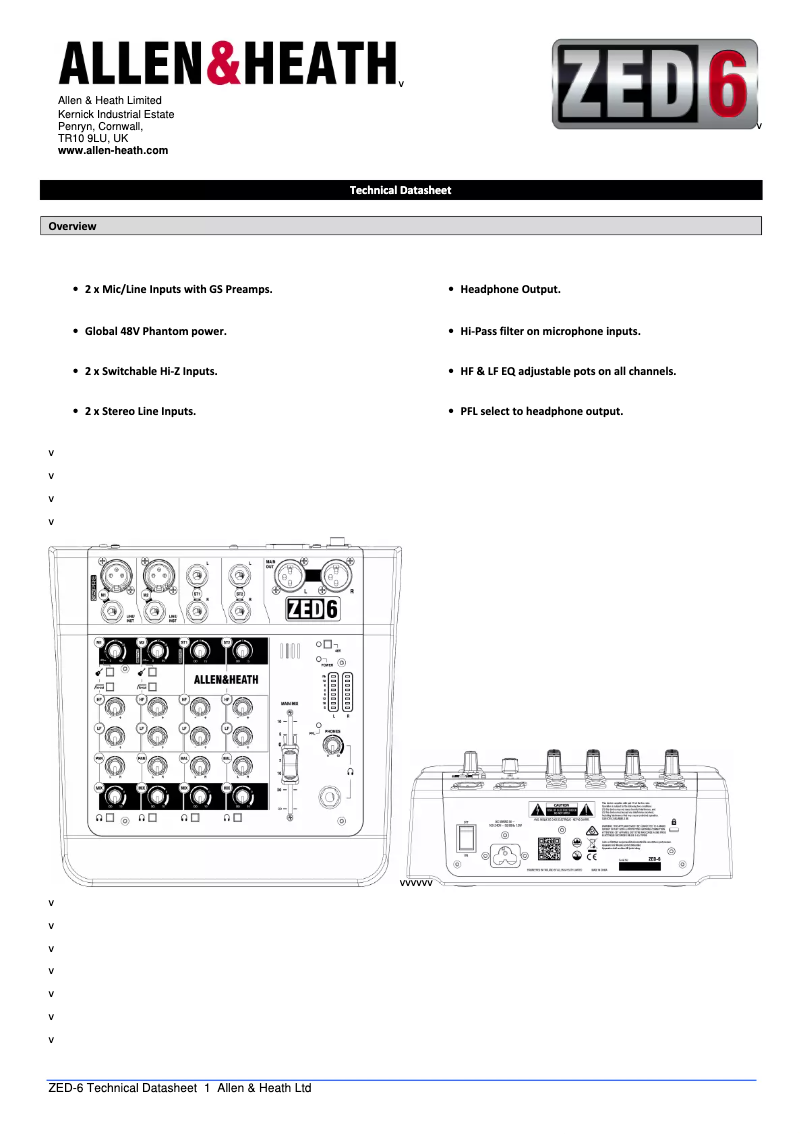 Página 1 del manual Ficha técnica Allen & Heath ZED-6