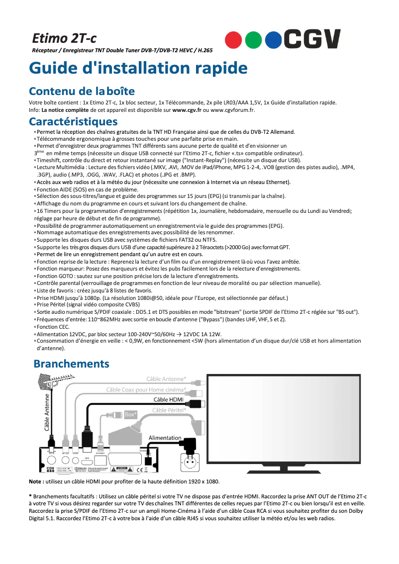 Page 1 de la notice Guide d'installation CGV Etimo 2T-c