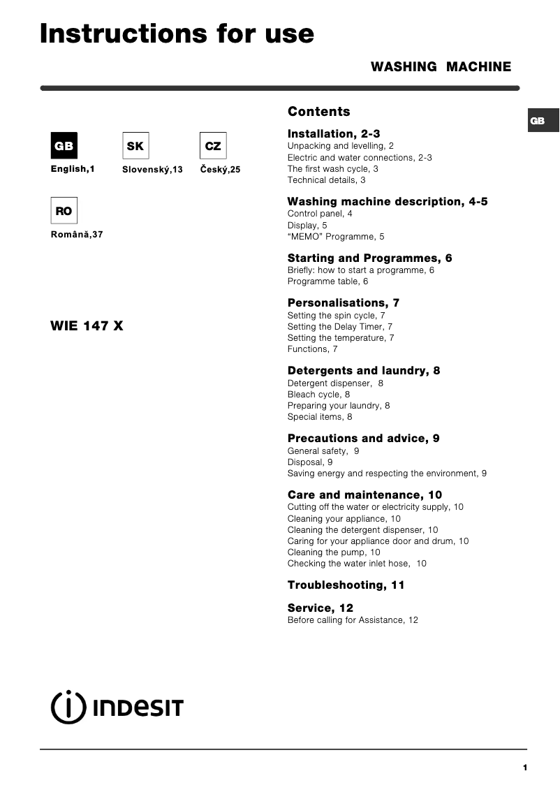 Image de la première page du manuel de l'appareil WIE 147 X (EX)