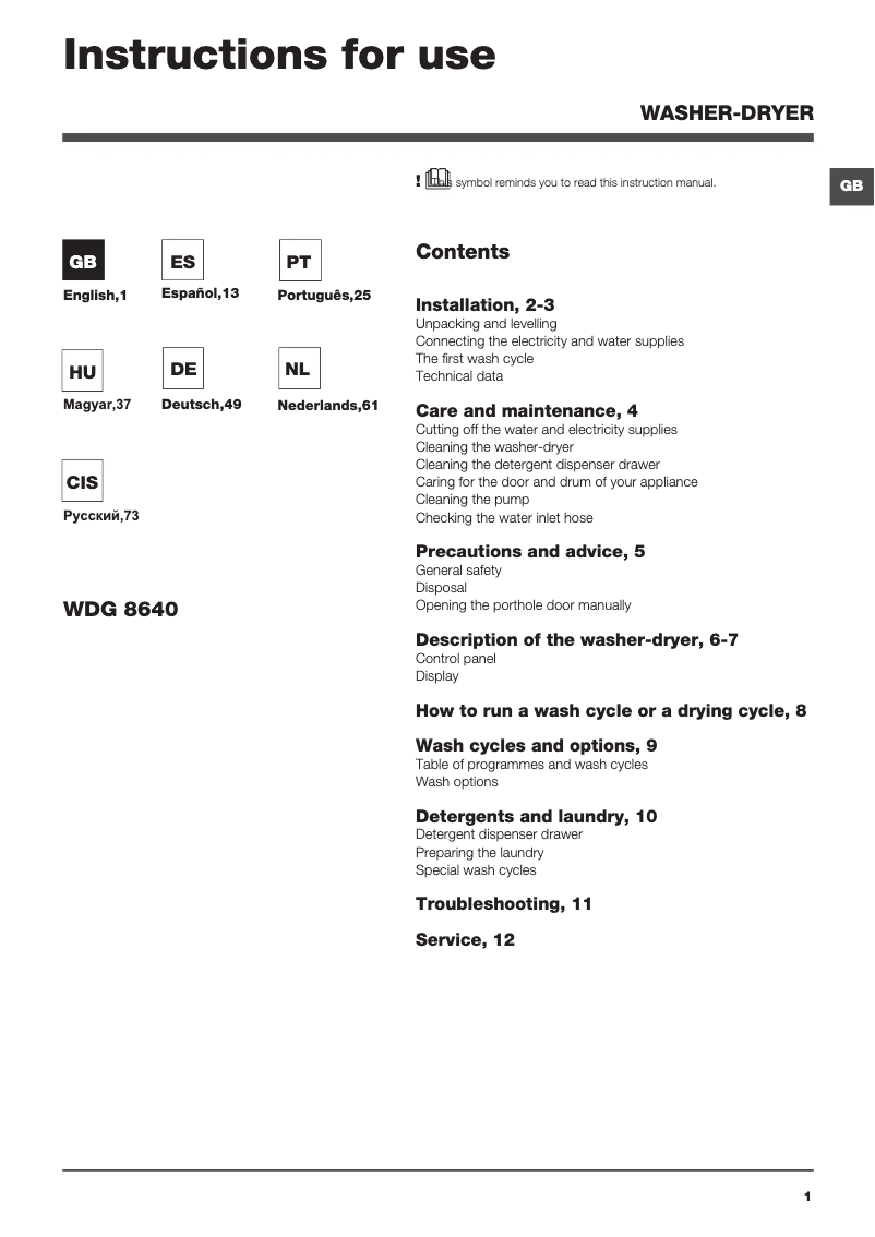 Page n°1 - Manuel utilisateur Hotpoint Ariston WDG 8640B EU