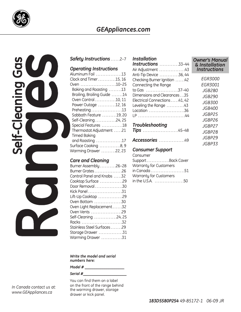 Page n°1 - Manuel d'utilisation et d'entretien GE JGBP33CELCC