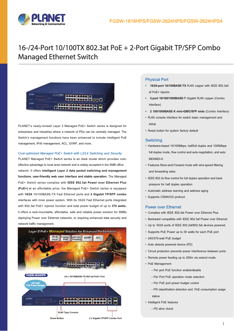 Page 1 de la notice Fiche technique Planet FGSW-2624HPS