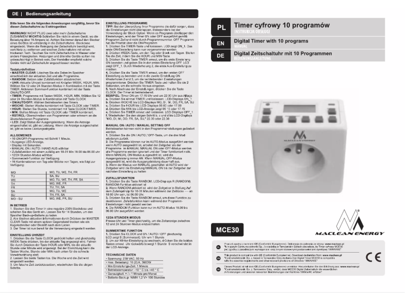 Page n°1 - Manuel utilisateur Maclean energy MCE30