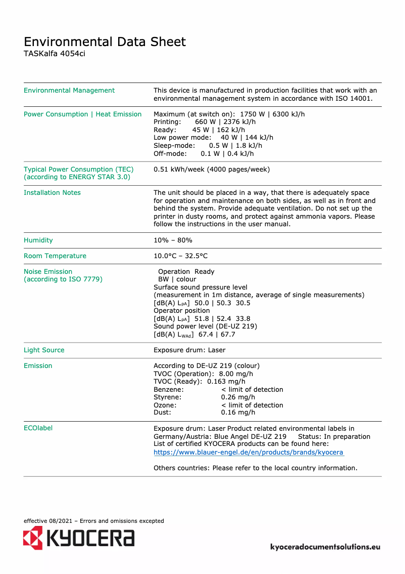 Page 1 de la notice Fiche technique Kyocera TASKalfa 4054ci