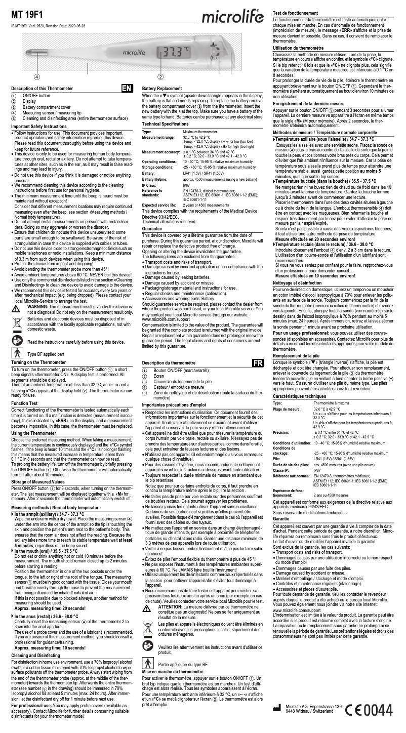 Page 1 de la notice Manuel utilisateur Microlife MT 19F1