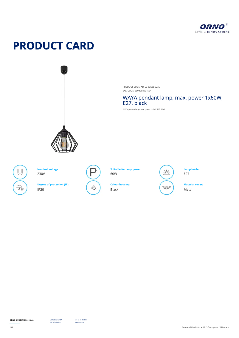 Page 1 de la notice Fiche technique Adviti AD-LD-6263BE27M