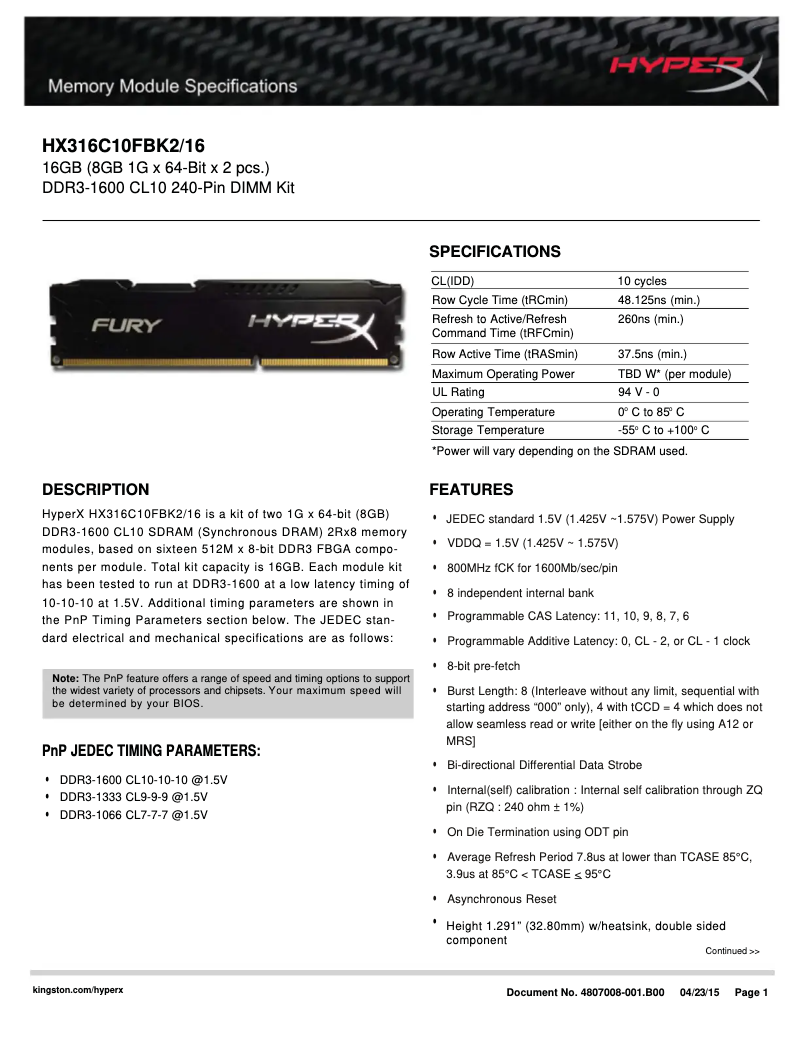 Page 1 de la notice Manuel utilisateur HyperX FURY