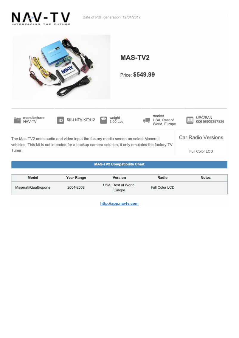 Page 1 de la notice Fiche technique NAV-TV MAS-TV2 NTV-KIT412