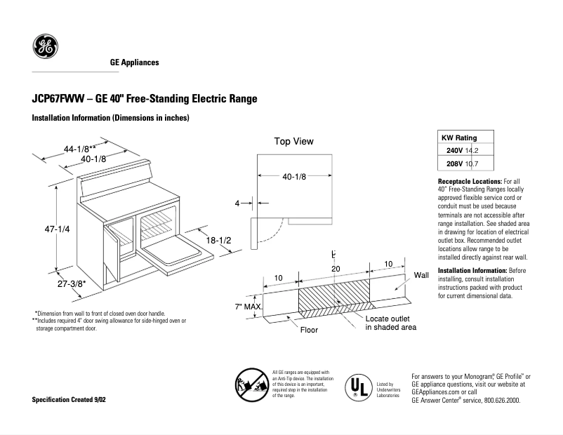 Page 1 of the manual Technical Sheet GE JCP67FWW