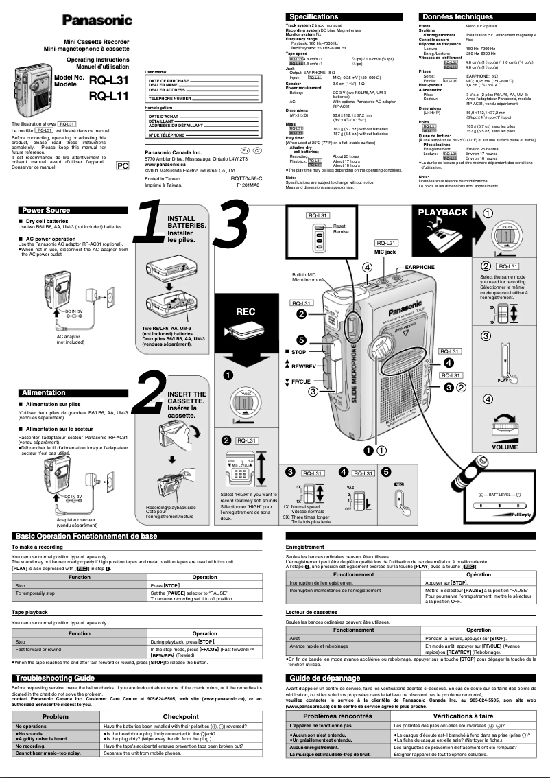 Page 1 de la notice Manuel utilisateur Panasonic RQ-L11