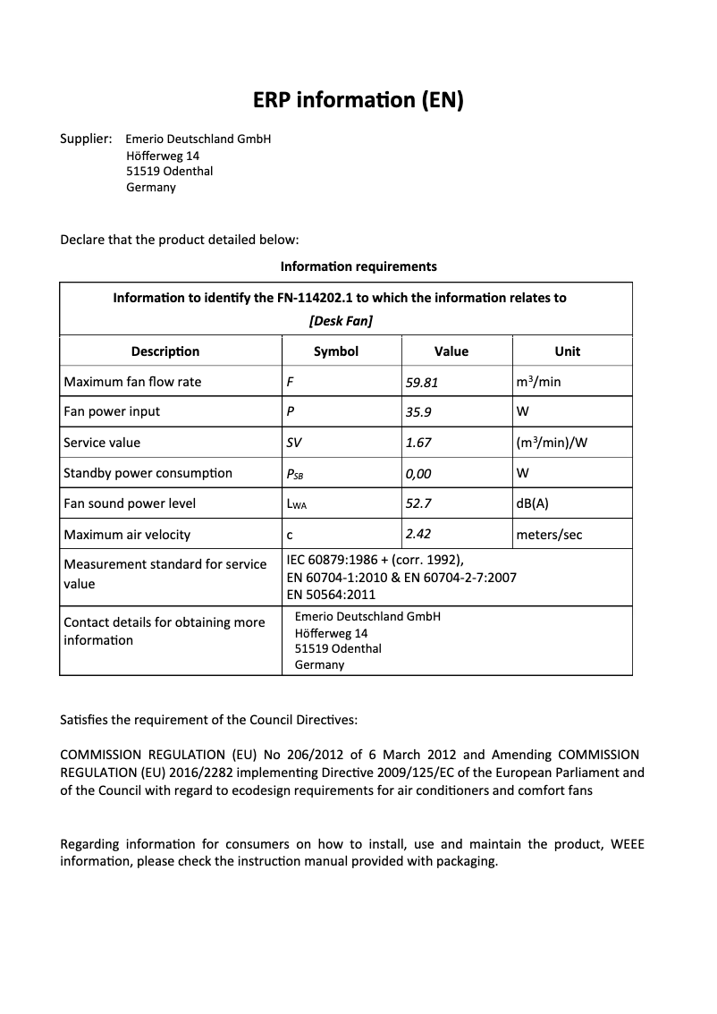 Page 1 de la notice Fiche technique Emerio FN-114202.1