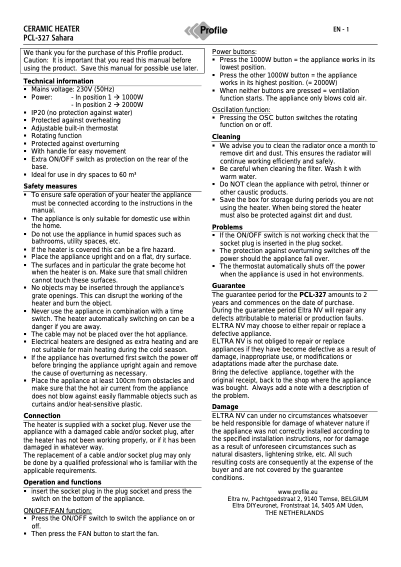 Page n°1 - Manuel utilisateur Profile PCL-327 Sahara