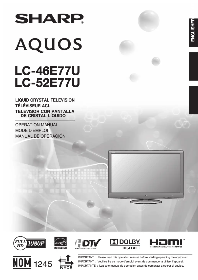 Page 1 de la notice Manuel utilisateur Sharp Aquos LC-52E77U