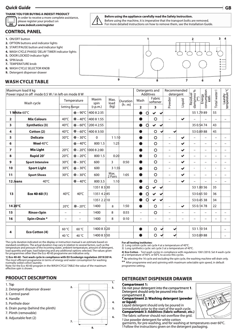 Page 1 de la notice Fiche technique Indesit IWC 81483 W UK N