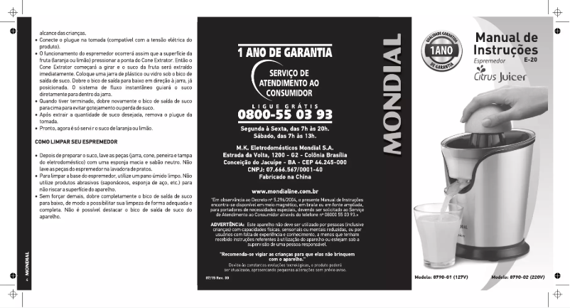 Page 1 de la notice Manuel utilisateur Mondial E-20