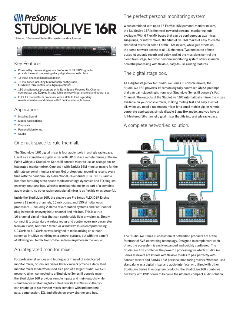 Page 1 de la notice Fiche technique PreSonus StudioLive 16R
