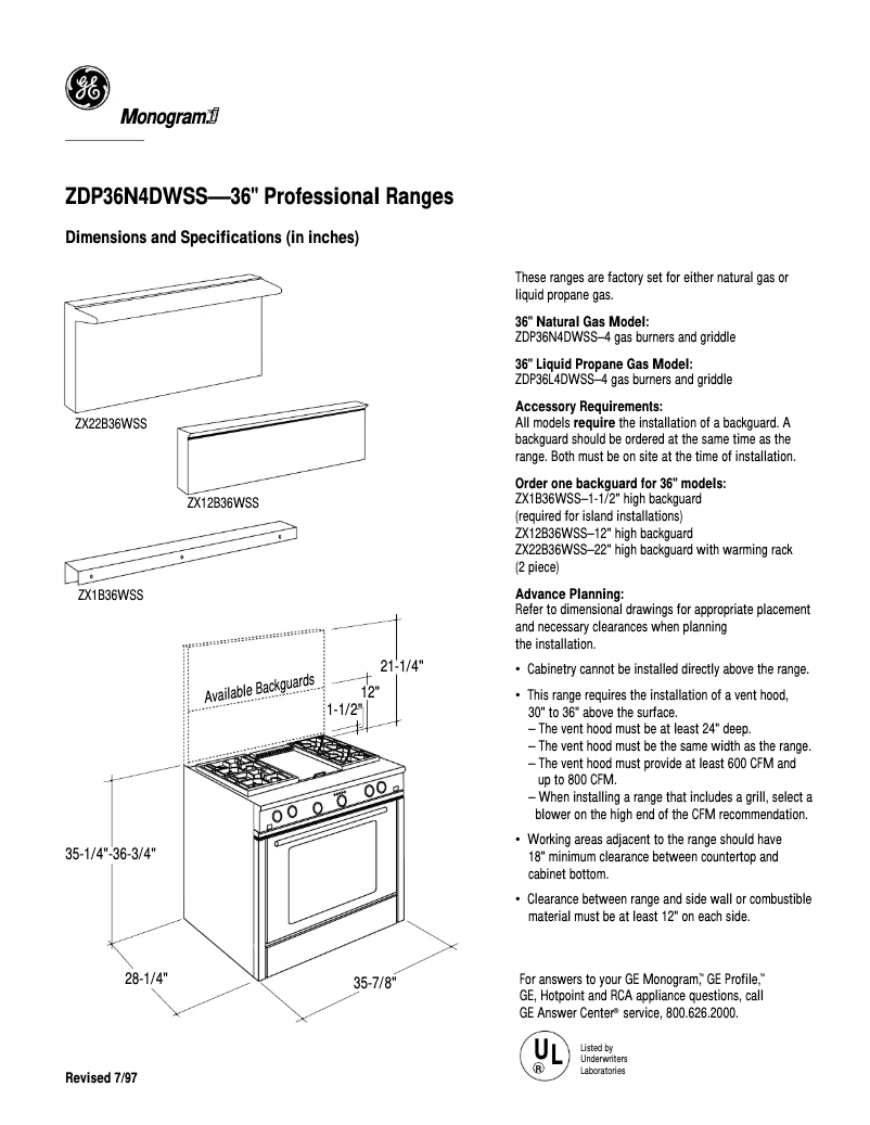 Page 1 de la notice Fiche technique GE ZDP36N4DWSS