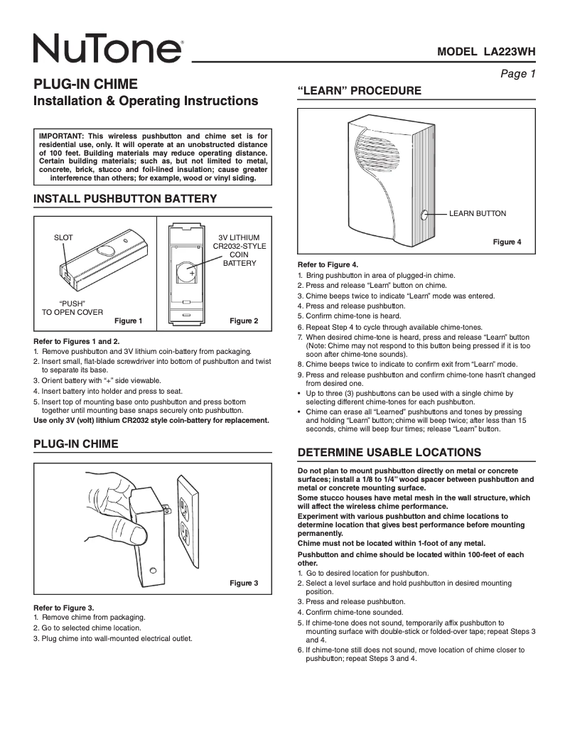 Page 1 de la notice Manuel utilisateur NuTone LA223WH