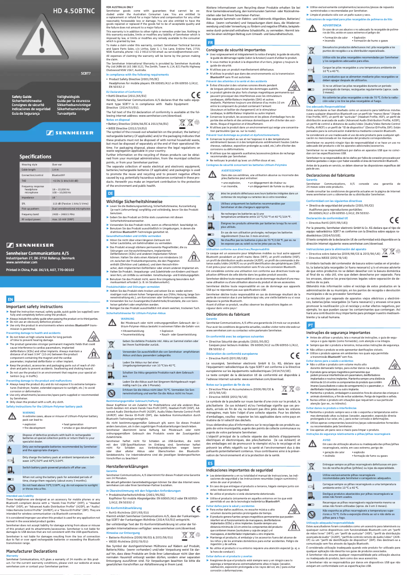Page 1 de la notice Instructions de sécurité Sennheiser HD 4.50BTNC