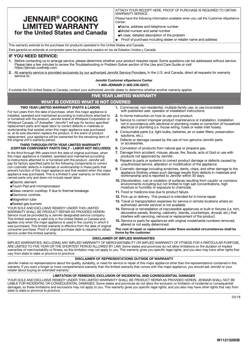 Page n°1 - Informations de garantie JennAir JIC4730HB