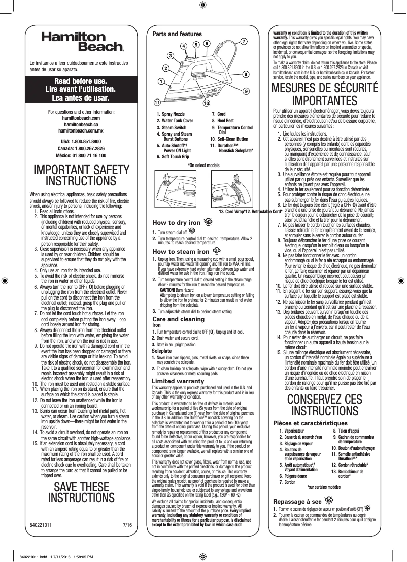 Page 1 de la notice Mode d'emploi Hamilton Beach Durathon 19803