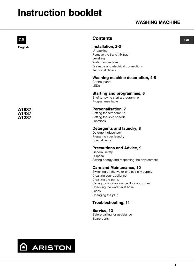 Page n°1 - Manuel utilisateur Ariston Thermo A1637