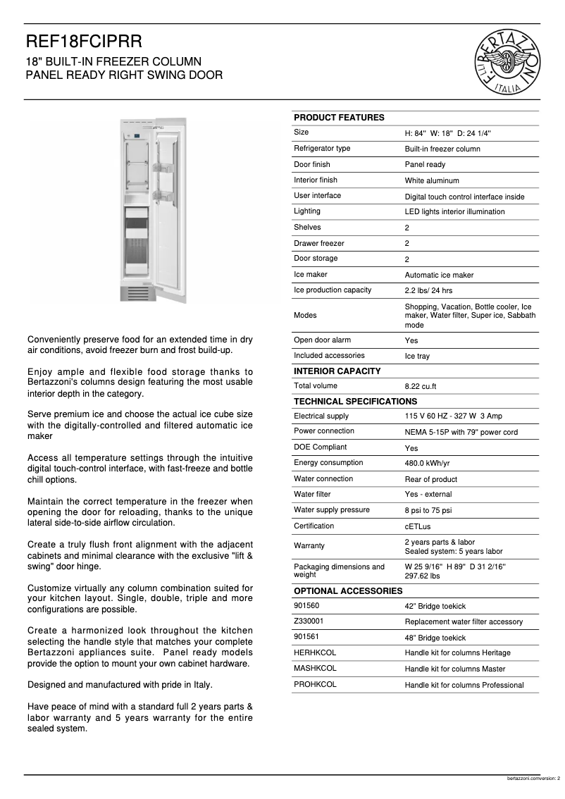 Page n°1 - Fiche technique Bertazzoni REF18FCIPRR