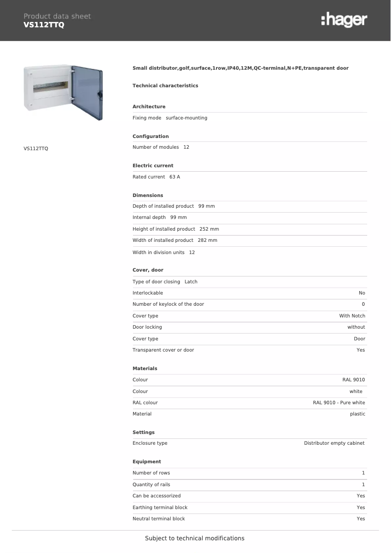 Page n°1 - Fiche technique Hager VS112TTQ