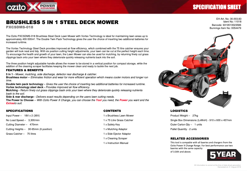 Página 1 del manual Ficha técnica Ozito PXCSDMS-018