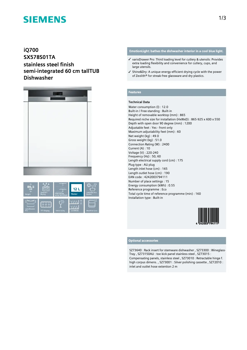 Page 1 de la notice Fiche technique Siemens SX578S01TA