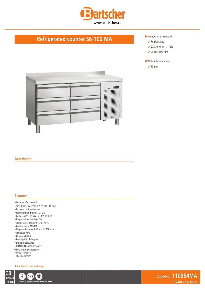 Page 1 de la notice Fiche technique Bartscher S6-100